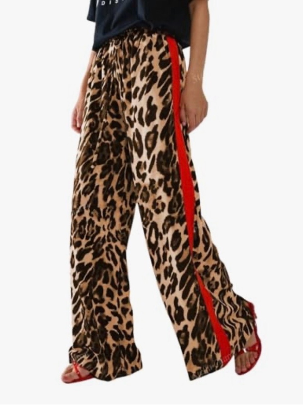 Amazon Women’s XL Wide-Leg Leopard Print Pants with Red Side Stripe